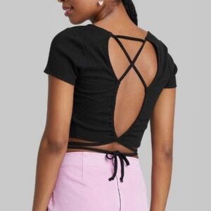 Wild fable black short sleeve crop top with a lace up open back- great condition